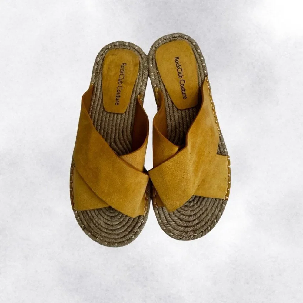 RockClub Couture Women's Mustard Yellow Suede Strap Espadrille Slides Size 9